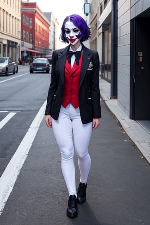 joker as a highschool girl, fully clothed uniforms, full body shot. on the street, giga_busty