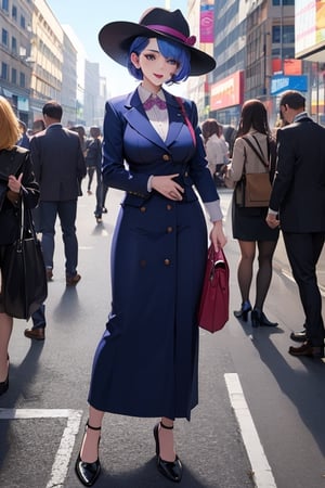 Joker dressed as a old woman wearing hat and having a bag, full body shot, on the crowded street, giga_busty