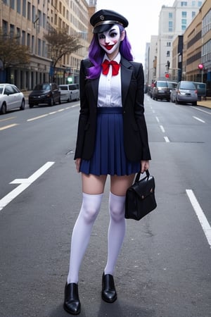 joker as a highschool girl wearing hat and uniforms, fully clothed , full body shot. on the street, giga_busty