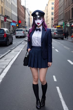 joker as a highschool girl wearing hat and uniforms, fully clothed , full body shot. on the street, giga_busty