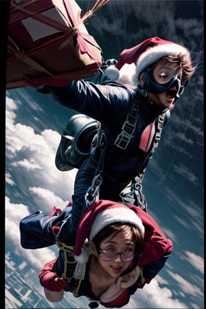 Santa Claus skydiving with a gift box,<lora:659111690174031528:1.0>