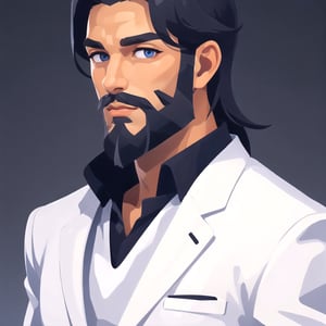 a handsome man, shor black hair, blue_eyes, with abundant beard
