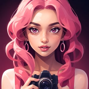 a beautiful women, a long curly pink hair, freckles, pink_lips, pink_eyes, with a camera
