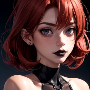 a cyberpunk beautiful women, a short red hair, freckles, black_lips, crimson_eyes, 
