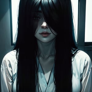 sadako, hair over eyes, she is coming from a tv, pale skin