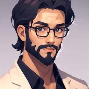 a handsome boy, shor black hair, amber_eyes, with glasses, abundant beard
