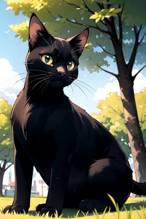 a black cat in a park 
