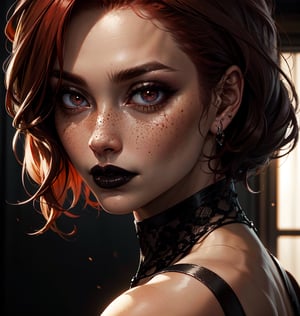 a portrait of a beautiful women, a short red hair, freckles, black_lips, crimson_eyes
