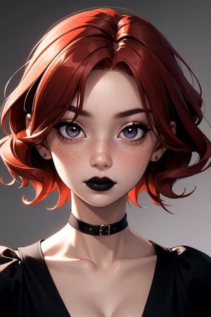 a portrait of a beautiful women, a short red hair, freckles, black_lips, crimson_eyes
