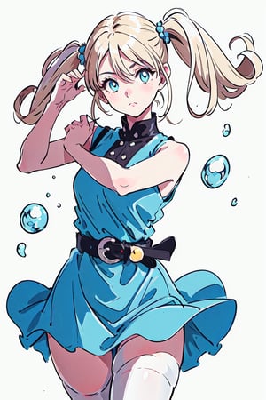 (Bubbles:1.0), (yellow-blonde hair, blue eyes, short twintails, pigtails), (dress, sky-blue sleeveless dress, simple black belt, white thighhighs:1.5), (white background:1.5), (realistic:1.2), (masterpiece:1.2), (full-body-shot:1),(Cowboy-shot:1.2), neon lighting, dark romantic lighting, (highly detailed:1.2),(detailed face:1.2), (gradients), colorful, detailed eyes, (detailed landscape:1.2), (natural lighting:1.2), (cute pose:1.2), (solo, one person, one subject:1.5), standing,      ,(bubbles)