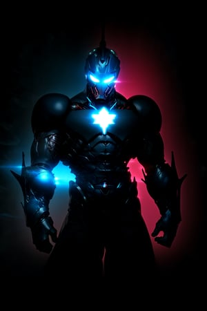 Close-up shot of Iron Man's arm as he stands in a dark alleyway, neon lights reflecting off his suit. The Guyver Unit is integrated into the armor, with glowing blue circuits and a black and red metallic sheen. The Iron Man mask glows bright red, with a subtle hint of Tony Stark's smile beneath. The camera pans down to reveal the sleek, high-tech design as he prepares for battle.