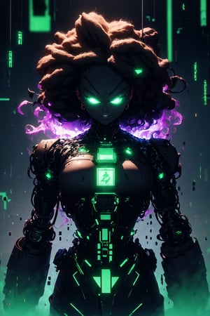 centered, digital art, upper body, (beautiful detailed eyes:1.2), | solo, ebony woman, wearing the black and purple cybernetic armor with green parts of Space Woman, tight bodysuit, black hair, dreadlock hair, emerald eyes, muscular proportions, | in a dungeon made all of metal, | bokeh , depth of field,Robot_Master,r1ge,hackedtech,scifi,lewd,nsfw