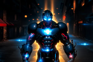 Iron Man's arm fills the frame, illuminated by neon hues reflecting off his suit in a dark alleyway. Glowing blue circuits and metallic sheen from the Guyver Unit integrate seamlessly into the armor. The Iron Man mask glows bright red, with Tony Stark's subtle smile hinting beneath. Camera pans down to showcase sleek design as he prepares for battle.