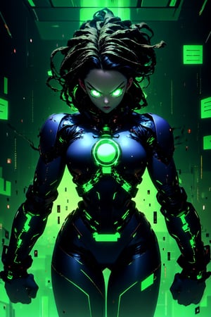 centered, digital art, upper body, (beautiful detailed eyes:1.2), | solo, ebony woman, wearing the black and purple cybernetic armor with green parts of Space Woman, tight bodysuit, black hair, dreadlock hair, emerald eyes, muscular proportions, | in a dungeon made all of metal, | bokeh , depth of field,Robot_Master,r1ge,hackedtech