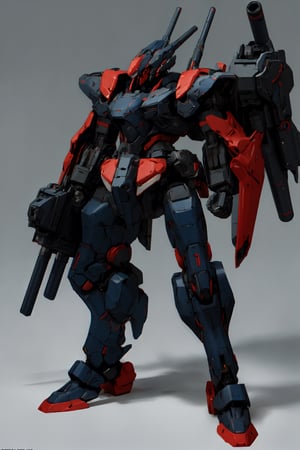 solo, standing, full body, grey background, no humans, robot, mecha, clenched hands, science fiction, looking ahead,black,red,blue,shoulder cannon