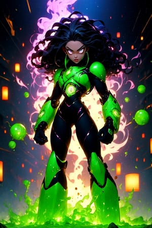 centered, digital art, upper body, (beautiful detailed eyes:1.2), | solo, ebony woman, wearing the black and purple cybernetic armor with green parts of Space Woman, tight bodysuit, black hair, dreadlock hair, emerald eyes, muscular proportions, | in a dungeon made all of metal, | bokeh , depth of field,Robot_Master,r1ge