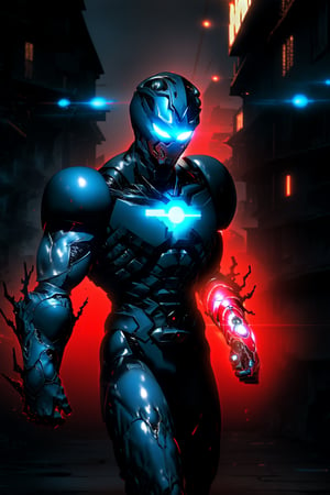 Iron Man's arm fills the frame, illuminated by neon hues reflecting off his suit in a dark alleyway. Glowing blue circuits and metallic sheen from the Guyver Unit integrate seamlessly into the armor. The Iron Man mask glows bright red, with Tony Stark's subtle smile hinting beneath. Camera pans down to showcase sleek design as he prepares for battle.