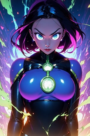 centered, digital art, upper body, (beautiful detailed eyes:1.2), | solo, ebony woman, wearing the black and purple cybernetic armor with green parts of Space Woman, tight bodysuit, black hair, dreadlock hair, emerald eyes, muscular proportions, | in a dungeon made all of metal, | bokeh , depth of field,Robot_Master,r1ge,hackedtech,scifi,(lewd:1.5),nsfw