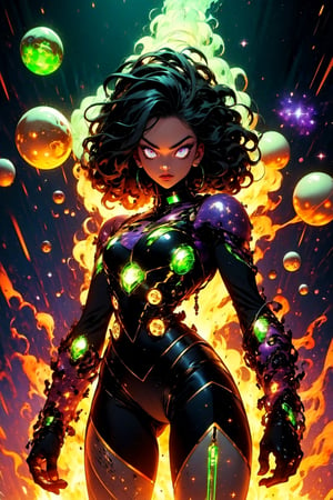 centered, digital art, upper body, (beautiful detailed eyes:1.2), | solo, ebony woman, wearing the black and purple cybernetic armor with green parts of Space Woman, tight bodysuit, black hair, dreadlock hair, emerald eyes, muscular proportions, | in a dungeon made all of metal, | bokeh , depth of field,Robot_Master,r1ge