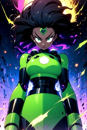 centered, digital art, upper body, (beautiful detailed eyes:1.2), | solo, ebony woman, wearing the black and purple cybernetic armor with green parts of Space Woman, tight bodysuit, black hair, dreadlock hair, emerald eyes, muscular proportions, | in a dungeon made all of metal, | bokeh , depth of field,Robot_Master,r1ge
