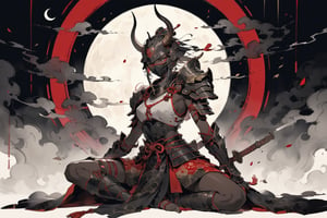 (Dark skinned Female:1.5) warrior, weapon, armor,  japanese armor, helmet,  samurai, shoulder armor, moon, sheath, horns, gauntlets, sheathed, mask, standing, kusazuri, kabuto \(helmet\), pauldrons, full moon, full armor, fake horns, (sitting, indian style:1.2), masterpiece, best quality, aesthetic, chinese ink painting,