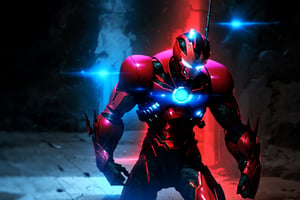 Close-up shot of Iron Man's arm as he stands in a dark alleyway, neon lights reflecting off his suit. The Guyver Unit is integrated into the armor, with glowing blue circuits and a black and red metallic sheen. The Iron Man mask glows bright red, with a subtle hint of Tony Stark's smile beneath. The camera pans down to reveal the sleek, high-tech design as he prepares for battle.