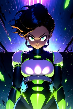 centered, digital art, upper body, (beautiful detailed eyes:1.2), | solo, woman, wearing the black and purple cybernetic armor with green parts of Space Woman, tight bodysuit, black hair, dreadlock hair, emerald eyes, muscular proportions, | in a dungeon made all of metal, | bokeh , depth of field,Robot_Master,r1ge