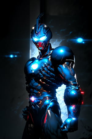 Iron Man's arm fills the frame, illuminated by neon hues reflecting off his suit in a dark alleyway. Glowing blue circuits and metallic sheen from the Guyver Unit integrate seamlessly into the armor. The Iron Man mask glows bright red, with Tony Stark's subtle smile hinting beneath. Camera pans down to showcase sleek design as he prepares for battle.