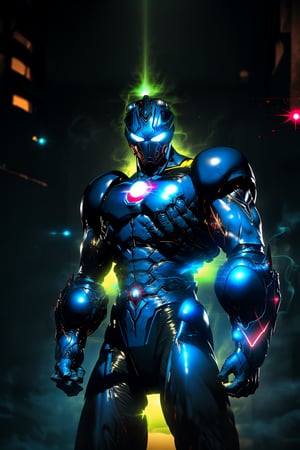 Iron Man's arm fills the frame, illuminated by neon hues reflecting off his suit in a dark alleyway. Glowing blue circuits and metallic sheen from the Guyver Unit integrate seamlessly into the armor. The Iron Man mask glows bright red, with Tony Stark's subtle smile hinting beneath. Camera pans down to showcase sleek design as he prepares for battle.