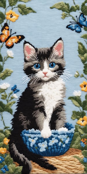 A fluffy gray and white kitten with bright blue eyes playfully bats at delicate cross-stitched butterflies, meticulously crafted by the talented artisan Beatrix Potter. The intricate embroidery showcases a symphony of vibrant colors, capturing the essence of the butterfly's delicate wings and the kitten's playful curiosity. The scene radiates with charm, combining the warmth of traditional cross-stitching technique with the timeless whimsy of Beatrix Potter's iconic artwork. A cherished masterpiece that celebrates the beauty of nature and the joy of feline companionship.