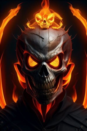 Ghost Rider. Bone white Flaming skull face. trending on artstation, sharp focus, studio photo, intricate details, highly detailed, by greg rutkowski,Jack o 'Lantern