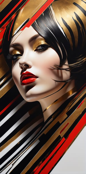 8k quality hiperrealistic of a stunningly digital work drawed with black, white, golden and red alcohol ink of a infinite very thin diagonal stripes simulating a barcode pattern silhouette of a hiperrealistic and detailed woman, portrait photography, photo, vibrant, 3d render