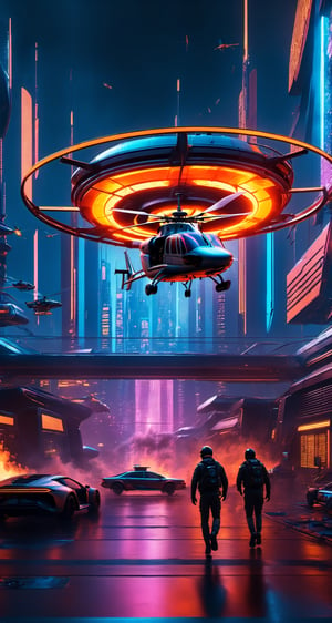 A sleek silver futuristic helicopter dives recklessly into a neon-lit cyberpunk cityscape at midnight, (((chasing a speeding car amid explosions, fire and gunfire))). The turbulent scene shines with high-intensity action and a sci-fi atmosphere.,cyberpunk style