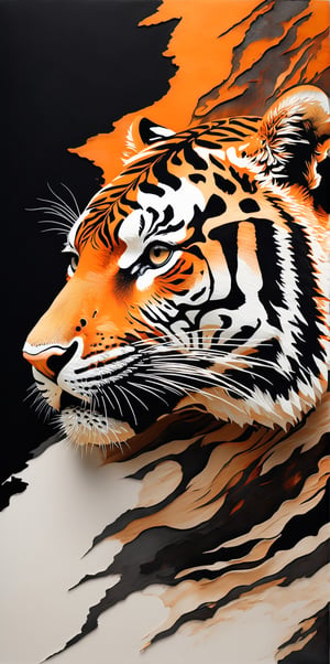 black, orange and white colors, (((A degraded and burnt photographic image))) of an incredibly digital work of a hyperrealistic and detailed inverted tiger pattern silhouette of a woman, 3d rendering, illustration, paintingv0.1, portrait photography , 3d render, photo, typography, poster, architecture
