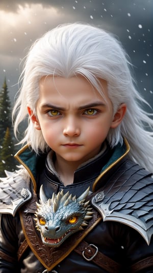 (fantasy style, portrait of confident little boy, ( baby Geralt of Rivia ), closeup, extremely beautiful, long white hair, beautiful yellow eyes, wearing leather coat), spooky mood, witch theme, ((( hugging baby dragon )) ), snow, the witcher style, pine trees, dark storm clouds, fluffy clouds in the background, unreal engine (masterpiece, intricate and epic details, sharp focus, dramatic and surreal oil painting), by panchovilla,