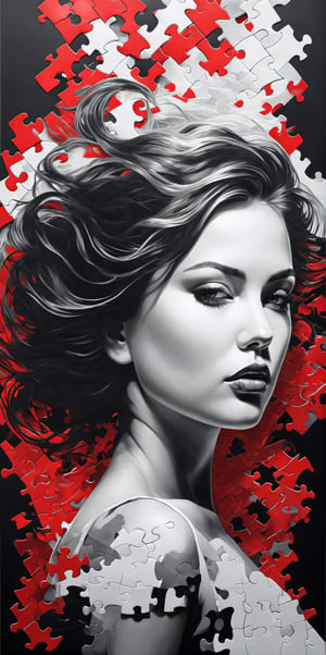 8k quality hiperrealistic, (((A long exposed and degrated photo imatge))) of a stunningly digital work drawed with black, white and red colors pencils of a puzzle pieces pattern silhouette of a hiperrealistic and detailed woman , 3d render, illustration, paintingv0.1, painting, illustration, poster