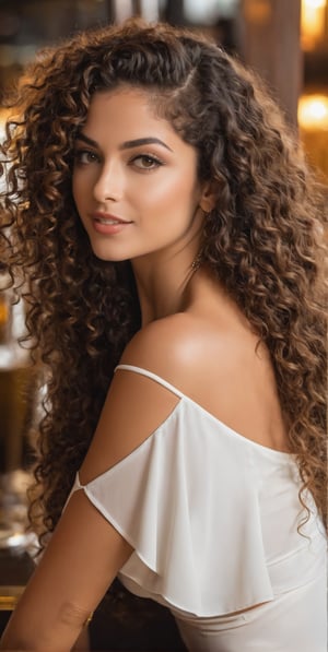 Isabella Oliveira with her long curly hair, at a restaurant table with her back looking back, Brazil, carried by her Brazilian style, sensual look, Isabella Oliveira