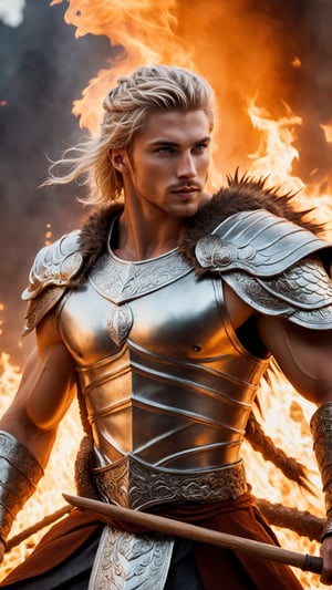 Insanely detailed photograph of a handsome young man, Nordic God look, stunning eyes, half-smile, fit body, with nordic warrior outfits and clothes, fighting with a dragon, a wood on fire in the background, intricate, detailed body, higly detailed face, white, silver, golden, cinematic ambience, detailed, HDR, 8k resolution, cinematic, DSLR, ultra quality, chiaroscuro,photo r3al