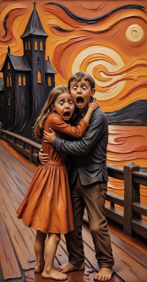 (realistic painting of a scared girl and her brother, (hugging each other in fear: 1.4), full height, made of clay, Edvard Munch style, (the scream painting: 1.4), (colored background: 1.1), bridge , castle, outside, (hands touching face: 0.7), little girl and her brother, scared, extremely detailed, intricate details, 4k, 8k, maximum quality possible please, (pumpkin on the floor: 1.1) , barefoot, sunset, scary things, scary atmosphere
