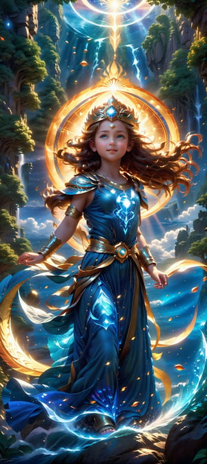 A breathtaking beautiful child is a goddess of the elements. She looks full of joy over her creation, very mystical and fascinating, high resolution details, dynamic light, she creates life. various epic settings, full body representation, highly detailed fantasy background, by Greg Rutkowski, Jesper Ejsing