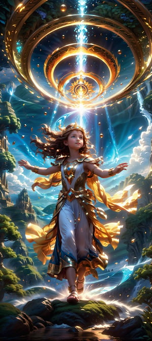 A breathtaking beautiful child is a goddess of the elements. She looks full of joy over her creation, very mystical and fascinating, high resolution details, dynamic light, she creates life. various epic settings, full body representation, highly detailed fantasy background, by Greg Rutkowski, Jesper Ejsing, Mysterious