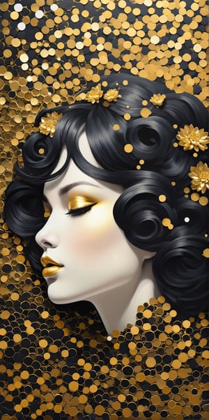 a stunning and mesmerizing work of digital art with black, white and gold Sticker Endless honeycomb pattern forming a minimalist illustration in
vintage flowers of light dots and thin lines of a beautiful woman, illustration, painting, vibrant, 3d rendering