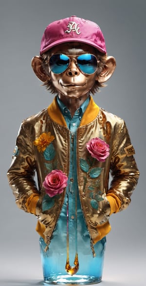 Perfect alignment, Cute little monkey in jacket,Crystal Vase,Rose flower, Wearing sunglasses, cheerfulness, Standing position, Abstract beauty, Centered, Looking at the camera, Facing the camera, Approaching perfection, Dynamic, Highly detailed, Smooth, Sharp Focus, 8K, hight resolution, Illustration, art by carne griffiths and wadim kashin, White background、Colorful Sunglasses、Wearing a baseball cap