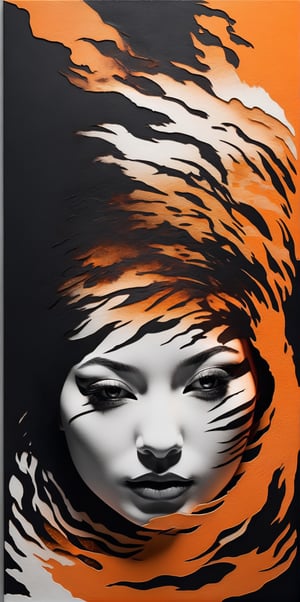 black, orange and white colors, (((A degraded and burnt photographic image))) of an incredibly digital work of a hyperrealistic and detailed inverted tiger pattern silhouette of a woman, 3d rendering, illustration, paintingv0.1, portrait photography , 3d render, photo, typography, poster, architecture
