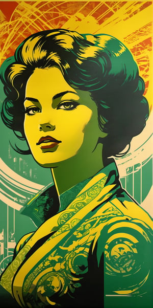 a colorful painting of a beautiful woman with attention to detail, in the style of richard phillips, shepard fairey, screen printing, dark yellow and green, glossy/glossy, martin ansin, graphic design poster art,soviet poster