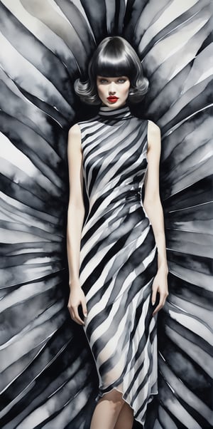 hiperrealistic of a mesmerizing watercolor paint black and white of a infinite thin diagonal and vertical tramed stripes pattern of a hiperrealistic and detailed full body woman dressed like a fishjelly with a transparent chiffon silk dress, fashion, 3d render, painting, illustration, vibrantv0.2, fashion, painting, illustration, vibrant