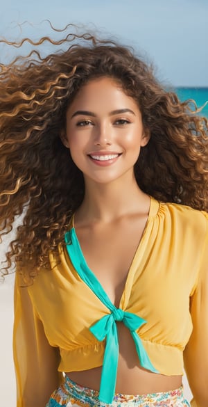 "Picture Isabella Oliveira in a stunning beach setting this sunny Sunday. Her long, curly hair dances softly in the wind, wearing a relaxed, colorful ensemble that reflects the beach spirit. In the background, crystal clear waters and golden sands highlight the natural beauty from Brazil. Don't forget to include Sol the golden retriever sharing the seaside joy. Capture the serenity, style and connection to nature in this Sunday post.