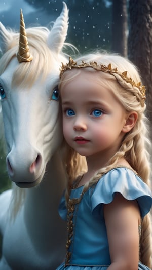 (fantasy style, portrait of a little blonde girl, extremely beautiful, long hairstyle and braids, beautiful blue eyes, wearing a princess dress), rainy atmosphere, fairy tale theme, (((hugging the baby unicorn))), dripping, fantasy style, pine trees, dark storm clouds, fluffy clouds in the background, unreal engine, (masterpiece, intricate and epic details, sharp focus, dramatic and surreal oil painting), cute dragon