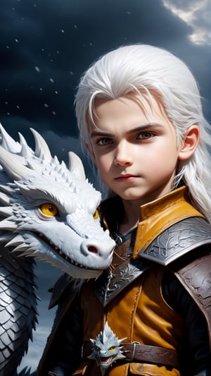 (fantasy style, portrait of confident little boy, ( baby Geralt of Rivia ), closeup, extremely beautiful, long white hair, beautiful yellow eyes, wearing leather coat), spooky mood, witch theme, ((( hugging baby dragon ))), snow, the witcher style, pine trees, dark storm clouds, fluffy clouds in the background, unreal engine (masterpiece, intricate and epic details, sharp focus, dramatic and surreal oil painting), by panchovilla,