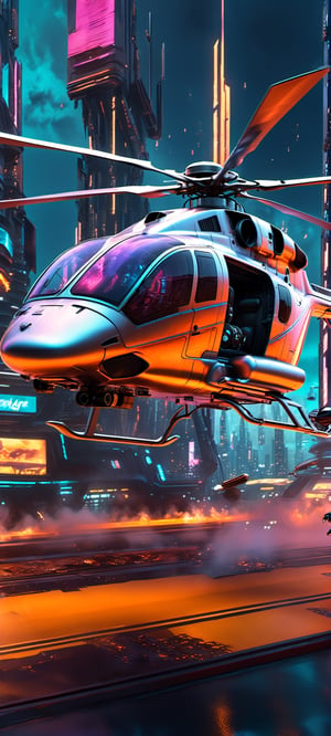 A sleek, silver-chrome futuristic helicopter dives recklessly through a neon-lit cyberpunk cityscape at midnight, chasing a speeding car amidst explosions, fire, and gunshots. The turbulent scene blazes with high-intensity action and a sci-fi atmosphere.